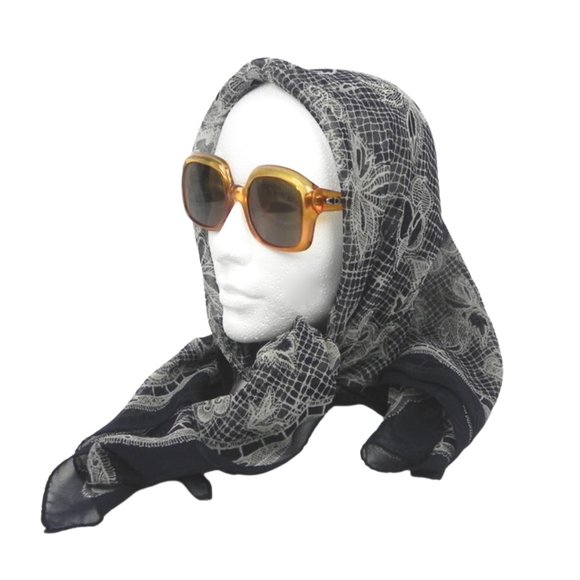 Sheer Navy Blue Lace Motif Scarf or Shawl - Picture 5 of 8